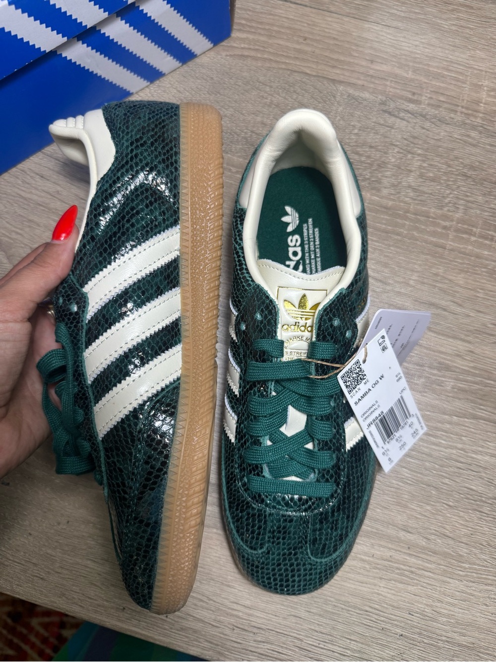 adidas Dark Green Snake-Print Sneakers with White Stripes and Gum Sole
